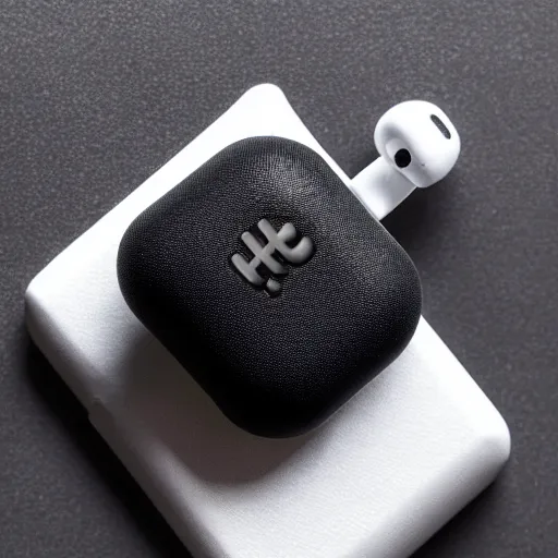 Image similar to black airpods pro case with marshmallow logo on it, studio, product photo