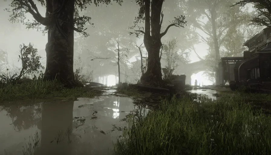 Image similar to a white fluffy cat in dark, misty, foggy, dank, green, muddy, bog, marsh, flooded chicago city street swamp in destiny 2, liminal creepy, dark, dystopian, abandoned, highly detailed 4 k in - game destiny 2 screenshot gameplay showcase