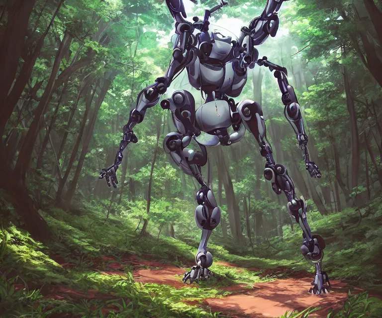 Image similar to robot in a forest, anime fantasy illustration by tomoyuki yamasaki, kyoto studio, madhouse, ufotable, comixwave films, trending on artstation