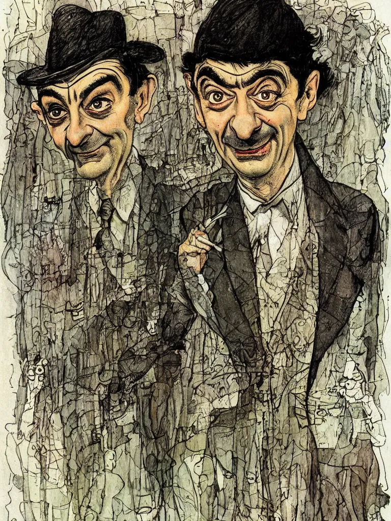 Prompt: 'Mr. Bean by Anton Pieck, Arshile Gorky, Arthur Rackham, Carne Griffiths'