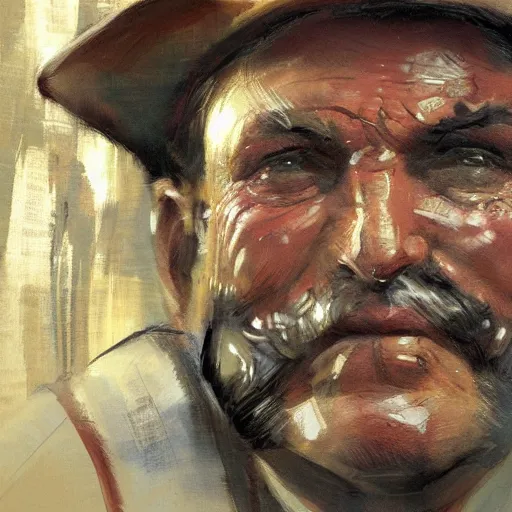 Image similar to low angle of the butcher's face, closeup of a butcher working, artwork by craig mullins