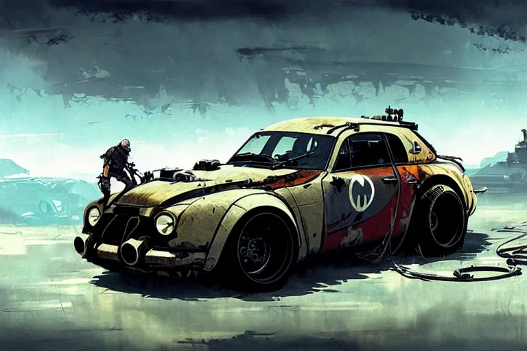 Prompt: dieselpunk mad max's alpine a 1 1 0 van, painted by greg rutkowski makoto shinkai takashi takeuchi studio ghibli, akihiko yoshida