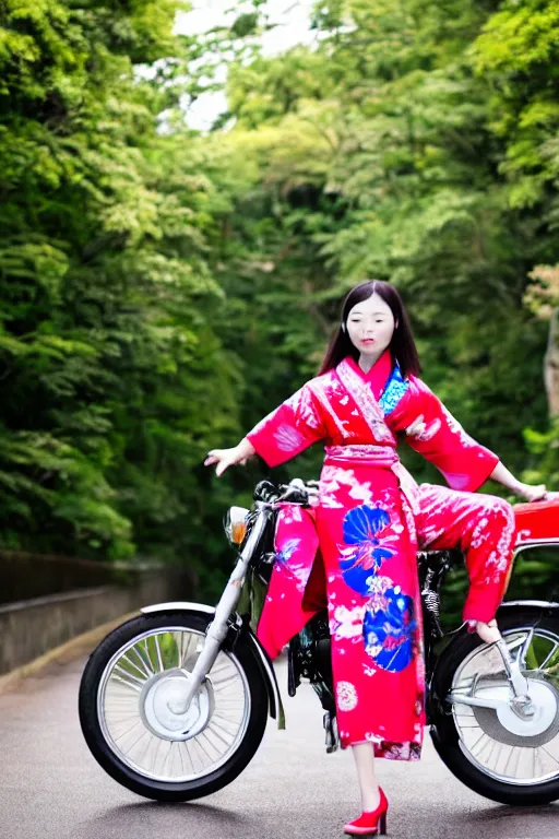 Prompt: full - length photo, young woman, riding a motorcycle, wearing japanese kimono, high heels, 4 k, colourful