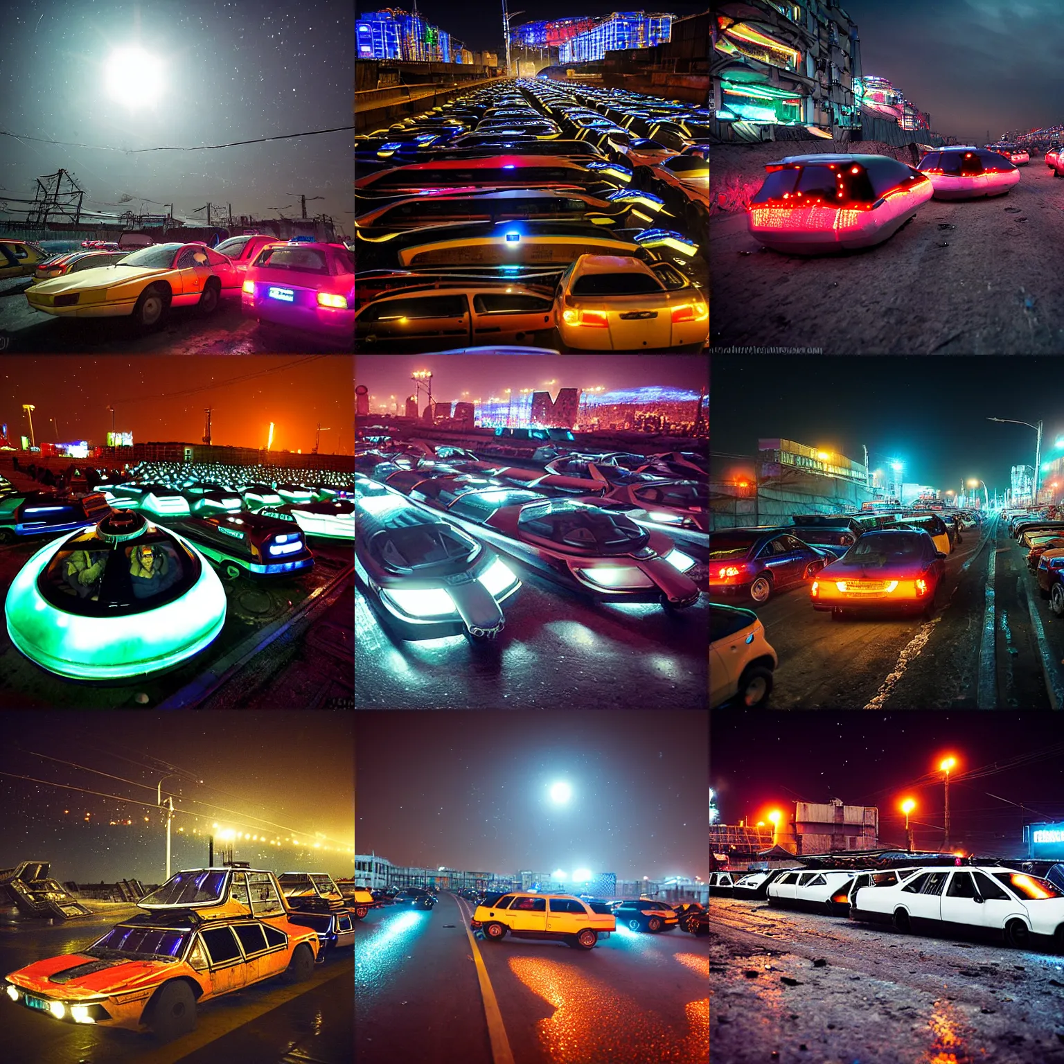 Prompt: lots of cheap shiny hovercraft in a traffic jam in a Russian cyberpunk slum city called Neo Norilsk on the Moon, at night, diverse, lively, black sky full of stars, blinding sun, sci-fi, lots of flying cars, levitation, cyberpunk outfits, photorealistic, grainy, 35mm, intricate, very very beautiful, elegant, smooth, cinematic, Unreal Engine 5, by Beeple, trending on Artstation HD