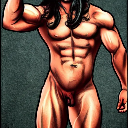 Prompt: lgbt art, tom of finland style, long hair, big muscles, strong, attractive, art in 4 k, high quality