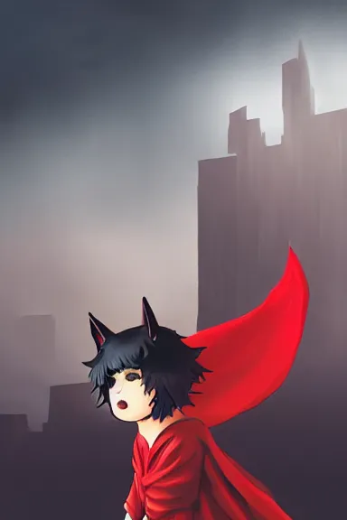 Image similar to little boy with cat ears in an black outfit with red cape. digital artwork made by lois van baarle and kentaro miura, sharpness focus, inspired by hirohiko araki, anatomically correct, heroic composition, hero pose, smooth, night city, illuminati