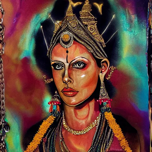 Image similar to a portrait of charlize theron as a hindu goddess, with lots of jewelry and necklaces, photorealistic, 35mm, abstract background.