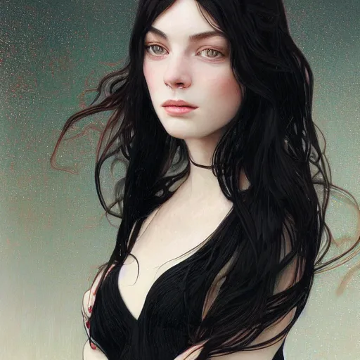 Prompt: portrait of teenage girl with long glossy black hair, glowing skin, delicate features, victoria wallace, stoya, fantasy, intricate, elegant, dress shirt and tie, highly detailed, digital painting, artstation, concept art, smooth, sharp focus, illustration, art by Krenz Cushart and Artem Demura and alphonse mucha