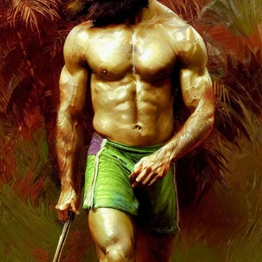 Prompt: young warrior marching toward the viewer, male, muscular, green eyes!!!!, straight nose!!!!!, beard, detailed face, thighs!!!!! gorgeous, amazing, toned, intricate, highly detailed, painting by Gaston Bussiere, Craig Mullins