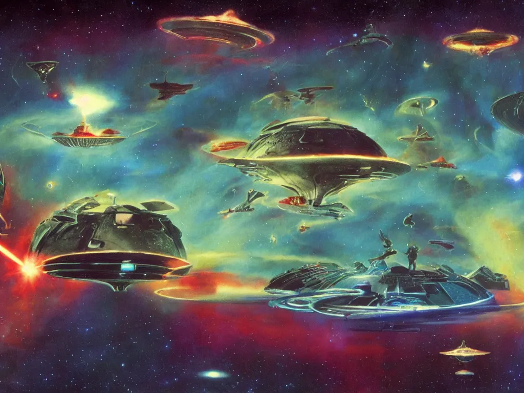 Image similar to a starship, mothership and spaceship battle in a coloured nebula with laser fire and star debris, action, roger dean, in the style of close encounters of the third kind, cinematic composistion