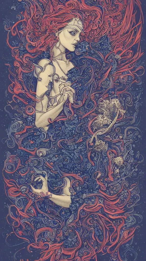 Image similar to french cannabis world, trychome crystals, ethereal atmosphere la liberté guidant le peuple, detailed linework, red white and blue colours, cinematic, psychedelic, black paper, ornate, tarot card, highly detailed, ink illustration, style of peter mohrbacher, golden ratio, 8k