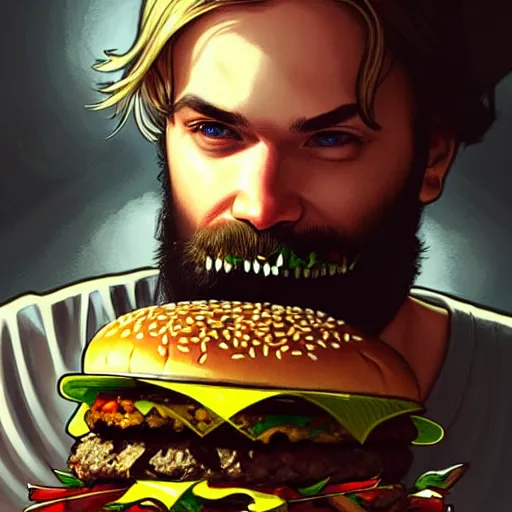 Image similar to Pewdiepie eating a burger, closeup, D&D style, fantasy, intricate, elegant, highly detailed, digital painting, artstation, concept art, matte, sharp focus, illustration, art by Artgerm and Greg Rutkowski and Alphonse Mucha