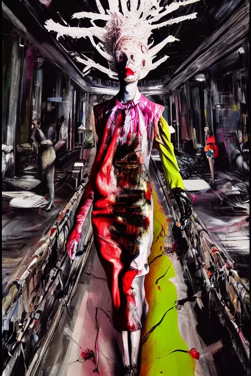 Image similar to crazy fashion catwalk, one model, crazy clothes, biopunk style, horror, hauntingly surreal, highly detailed painting by francis bacon, edward hopper, adrian ghenie, gerhard richter, and james jean soft light 4 k,