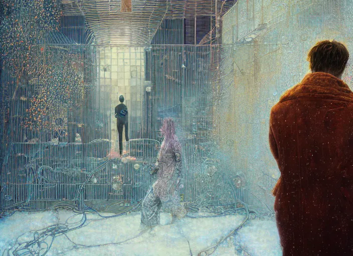 Image similar to portrait of man outside metal cityscape with ice crystals, cynical realism, painterly, yoshitaka amano, miles johnston, moebius, beautiful lighting, miles johnston, klimt, tendrils, in the style of, louise zhang, victor charreton, james jean, two figures