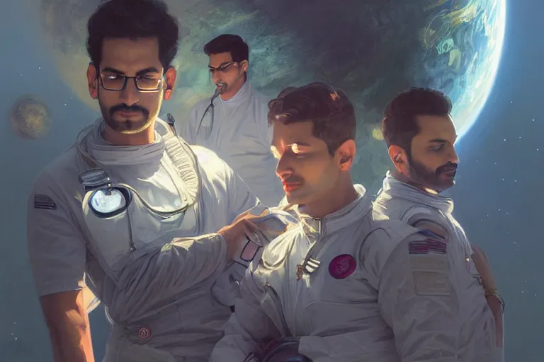 Image similar to Sensual good looking pale young Indian doctors wearing Deus Ex clothing in a space station above Earth, portrait, elegant, intricate, digital painting, artstation, concept art, smooth, sharp focus, illustration, art by artgerm and greg rutkowski and alphonse mucha