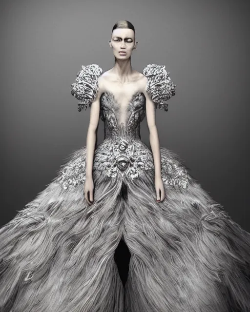 Image similar to a beautiful hyperrealistic ultradetailed 3D, one girl in a magnificent McQueen couture dress on Gray backdrop for photo, photo studio, studio photography, studio light, photo for magazine, Designer clothes, futuristic clothes, clothes from the future, voge photo, fashion style, fullbody, in full growth, Clear facial features, photorealistic, high resolution, trending on artstation, highly detailed, elegant, details, good clear quality, volumetric lighting,