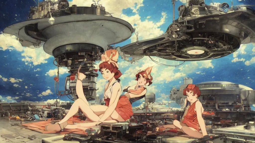 Prompt: a film still of a 1 9 5 0's mechanic anime girl sitting on top of flying ufo landing in hangar of giant ufo spaceship, finely detailed features, full body mid shot, perfect art,, trending on pixiv fanbox, painted by gaston bussiere, makoto shinkai, akihiko yoshida, gaston bussiere, craig mullins, studio ghibli