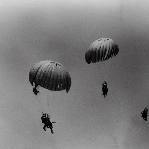 Image similar to photo of elephant paratroopers parachuting behind enemy lines