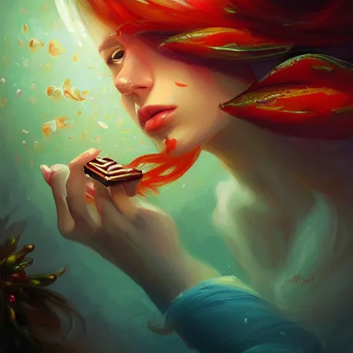 Prompt: colorful and festive captivating fish with chocolate. rich vivid colors, ambient lighting, dynamic lighting, 4 k, atmospheric lighting, painted, intricate, highly detailed by charlie bowater