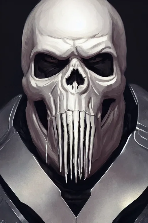 Image similar to Boris Johnson as Punisher, armor plate with skull image, realistic portrait, highly detailed, digital painting, artstation, concept art, smooth, sharp focus, illustration, cinematic lighting, art by artgerm and greg rutkowski and alphonse mucha