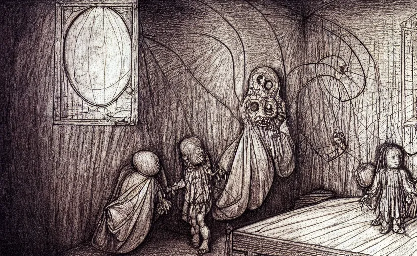 Prompt: a cosmic horror monstrosity inside of a child's bedroom, pencil drawing by leonardo da vinci, extremely detailed, disturbing, cinematic, 4 k, 8 k,