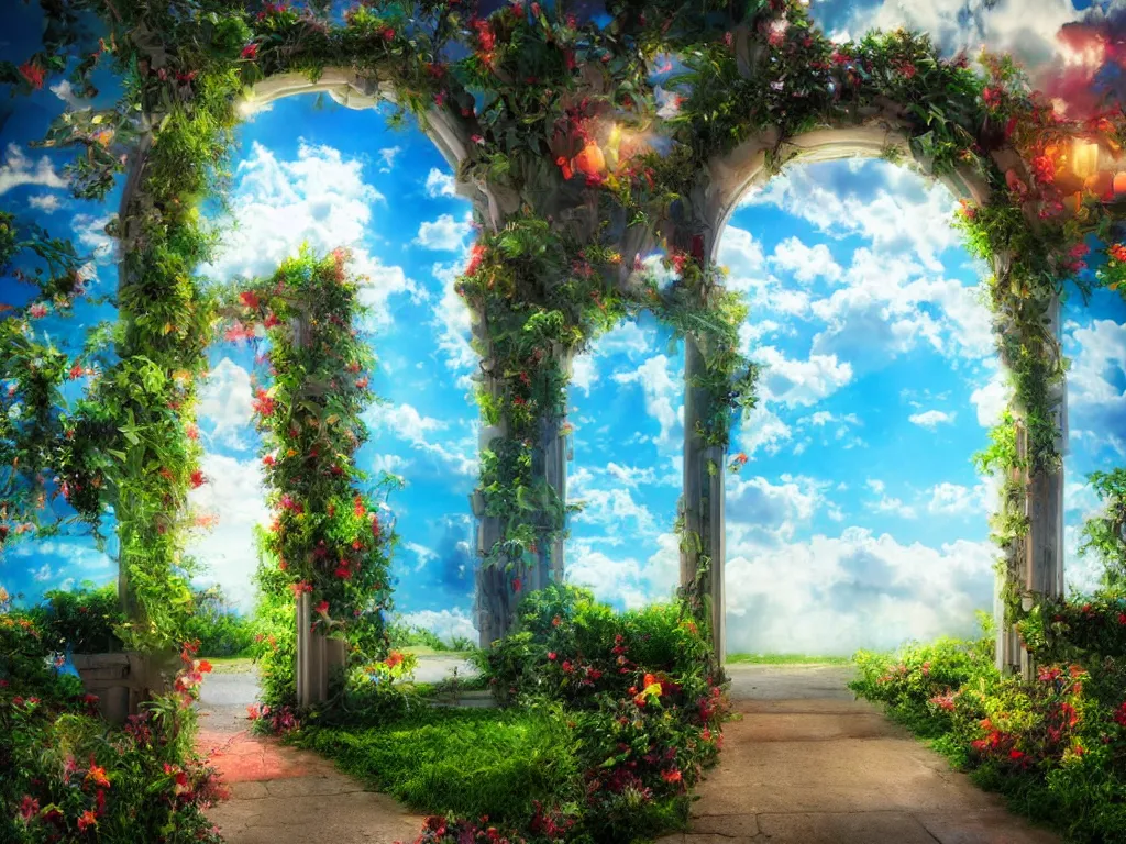 Prompt: paradise heaven gates leading to paradise puffy clouds, holly, purified, 8 k, realistic, holy lights, cinematic, eerie, fantasy, sharp focus, vivid colors, saturated