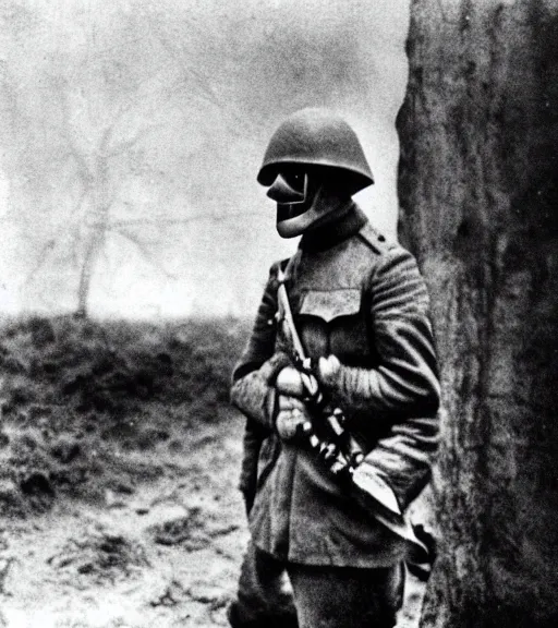 Image similar to a soldier wearing a scary mask in distance, ww1 film photo, grainy, high detail, high resolution