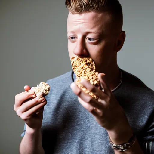 Prompt: macklemore eating cereal at home, photography, depth of field, 7 0 mm lens, studio lighting,