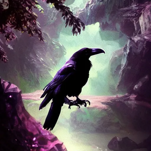 Prompt: portrait of a beautiful raven perched on purple crystals that are glowing in a misty valley, establishing shot, extremly high detail, foto realistic, cinematic lighting, by Yoshitaka Amano, Ruan Jia, Kentaro Miura, Artgerm, post processed, concept art, artstation, raphael lacoste, alex ross