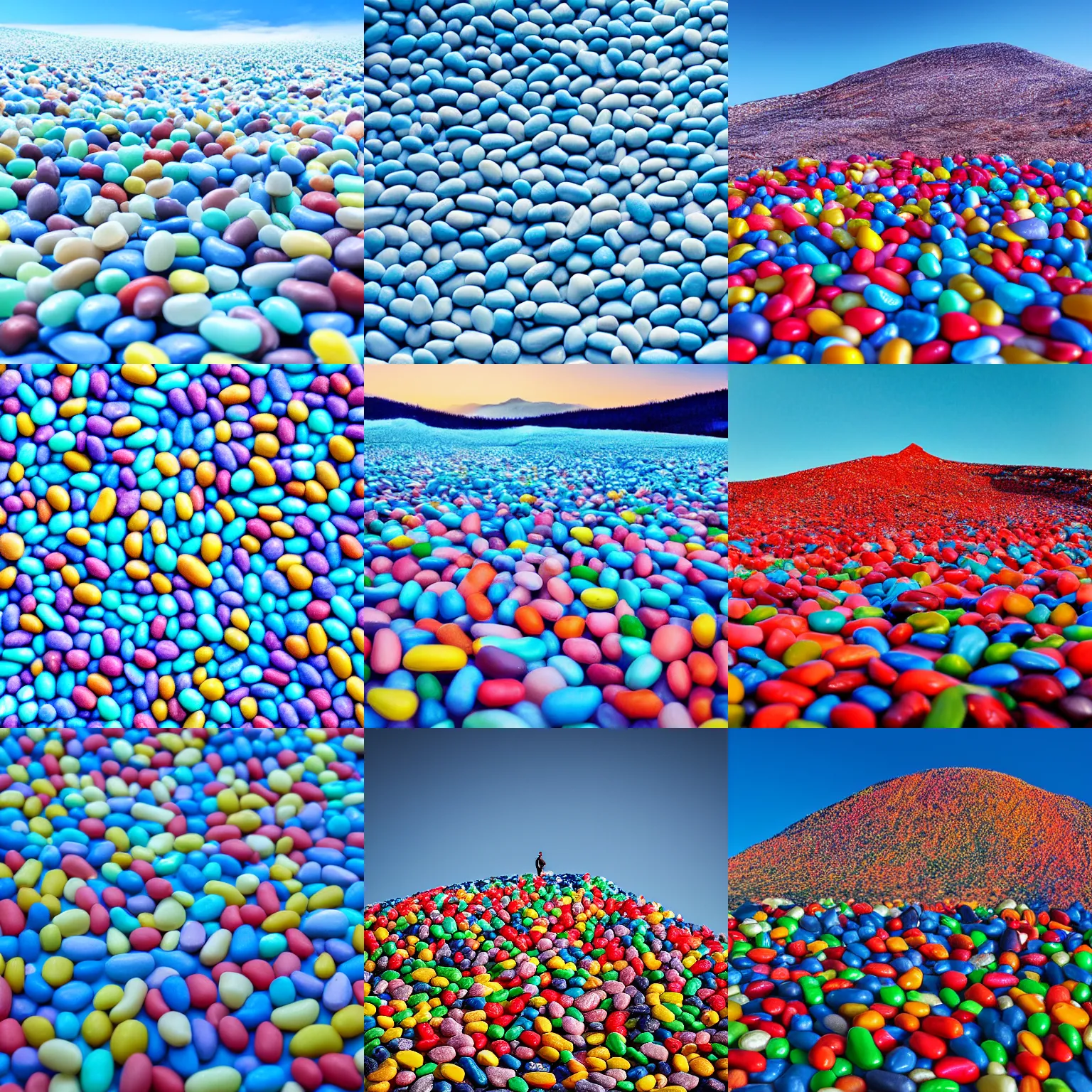 Prompt: landscape photography of a mountain of jelly beans. surreal. blue sky.