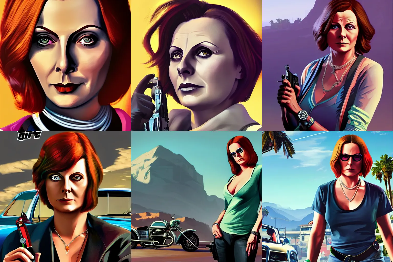 Prompt: greta garbo in Grand Theft Auto 5 cover art, epic, 4k resolution, extremely detailed, very sharp, artstation, digital art, vibrant,