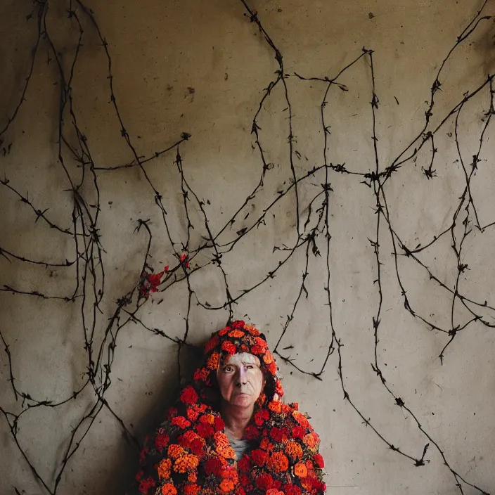 Image similar to a woman wearing a hooded cloak made of zinnias and barbed wire, in a derelict house, by Olivia Bee, natural light, detailed face, CANON Eos C300, ƒ1.8, 35mm, 8K, medium-format print