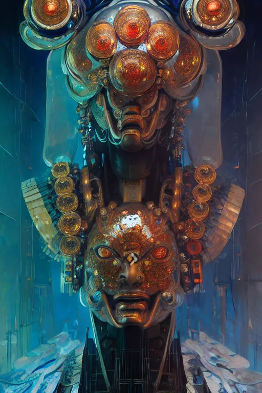 Image similar to asura from chinese myth, ghost, gorgeous and huge head ornaments, dystopian, cyberpunk, organic fractal mycelum and fungi, mecha, halfturn portrait of a big crystal face made of crystals half - turn, ominous, intricate, studio, art by anthony macbain + greg rutkowski + alphonse mucha, concept art, 4 k, sharp focus