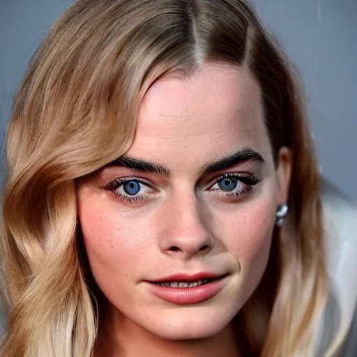 Image similar to a woman who is a genetic combination of margot robbie and emma watson face and upper - body focus