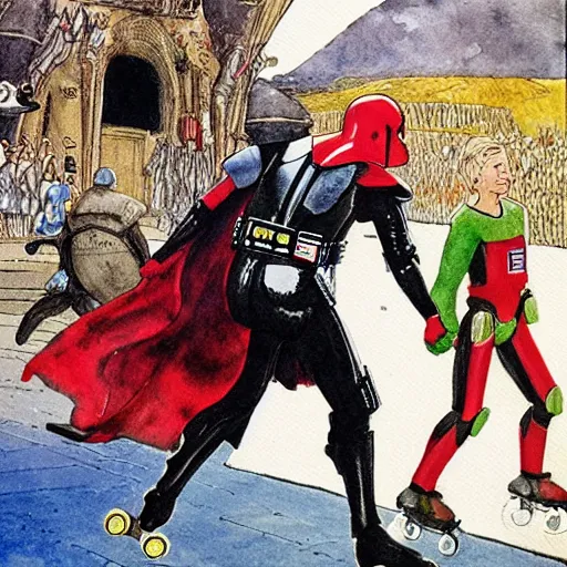 Prompt: Darth Vader and Iron Man holding hands in a roller skating ring, a watercolour illustration of the Medieval Welsh Epic, The Mabinogion by Alan Lee”