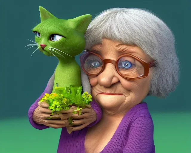 Image similar to detailed cartoon portrait of an old lady and her plant cat, 3d pixar, sharp high quality