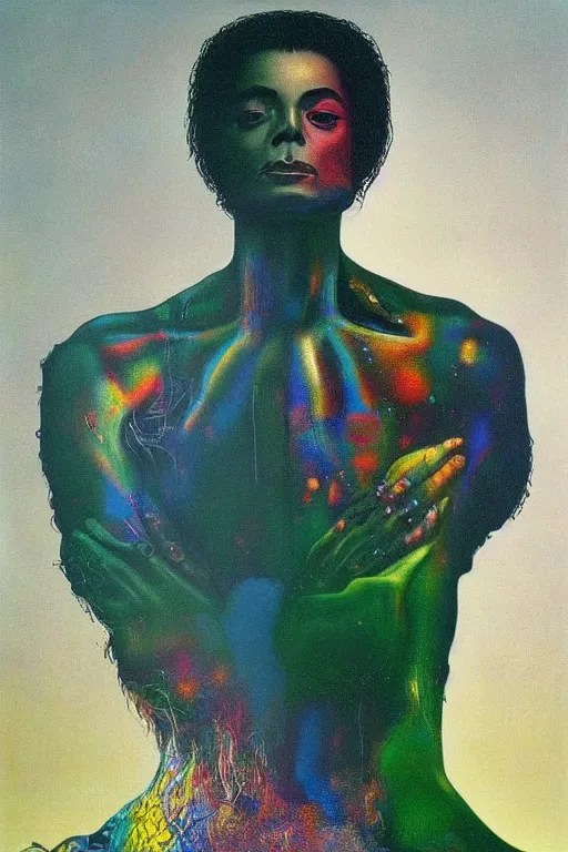 Prompt: portrait of michael jackson colourful shiny beautiful harmony painting by zdzisław beksinski