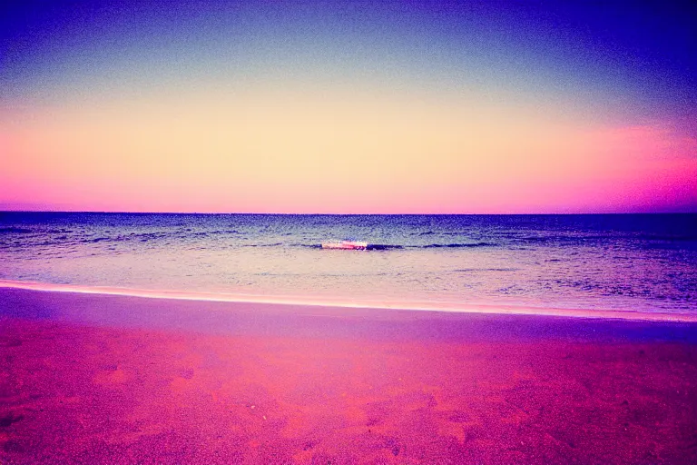 Image similar to a vintage family holiday photo fuji kodak of an empty beach shore with pastel pink iridescent!! sand and reflective metallic water and sunbathing equipment at dusk. refraction, volumetric, light haze.