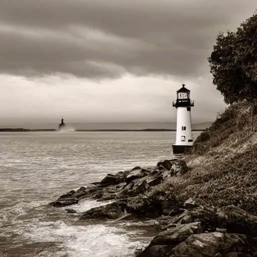 Prompt: lonely lighthouse stands near the river in which the sirens are splashing