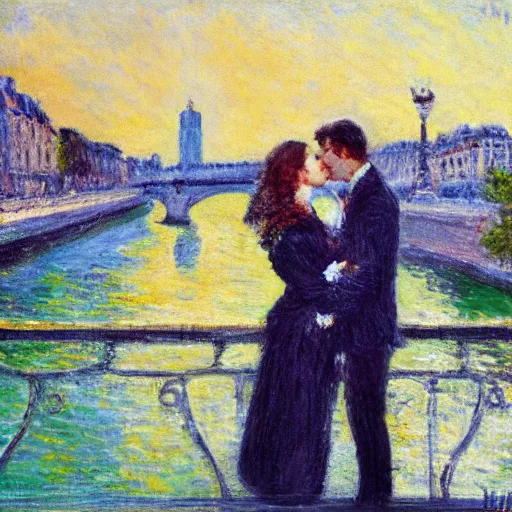 Prompt: impressionism kissing near le seine, paris