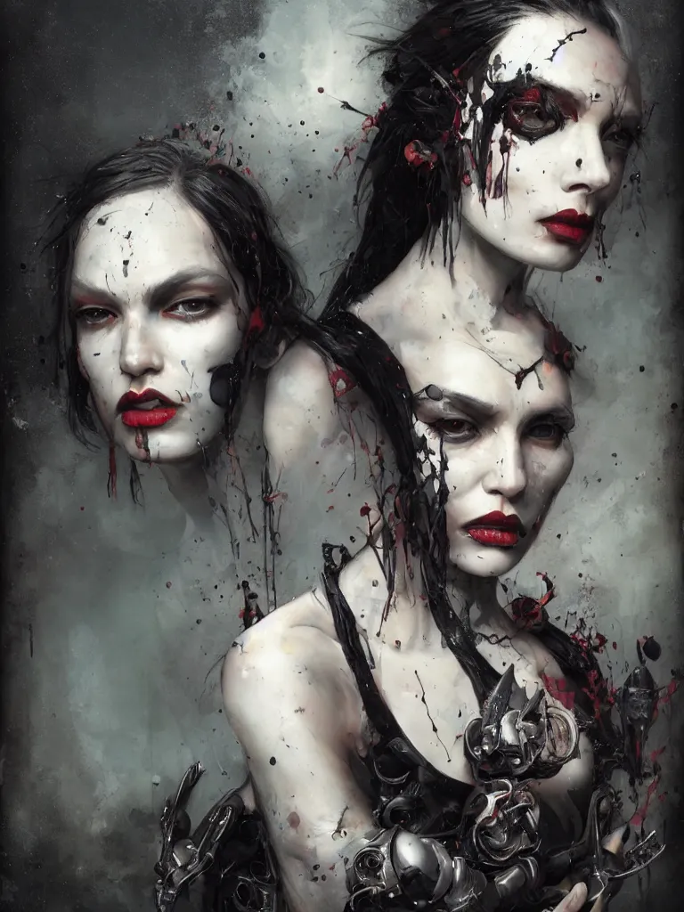 Image similar to a splatterpunk portrait of a gorgeous clone and her maker with jet black hair with one white strand, with thin lips, with a hawk pearched on her shoulderhyperrealistic, award-winning, masterpiece, in the style of Tom Bagshaw, Cedric Peyravernay, Peter Mohrbacher