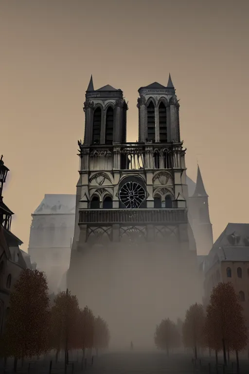 Image similar to misty artistic rendering Cathedral of Notre Dame, ash in the air, silent hill style, 8k resolution, octane render, volumetric lighting popular on artstation, popular on deviantart,