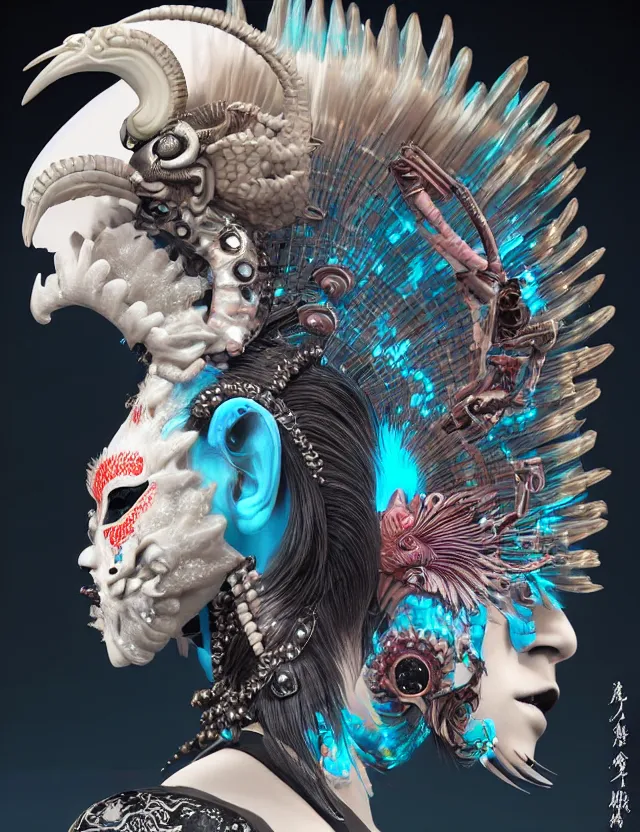 Image similar to 3 d goddess close - up profile portrait punk with mohawk with ram skull. beautiful intricately detailed japanese crow kitsune mask and clasical japanese kimono. betta fish, jellyfish phoenix, bio luminescent, plasma, ice, water, wind, creature, artwork by tooth wu and wlop and beeple and greg rutkowski