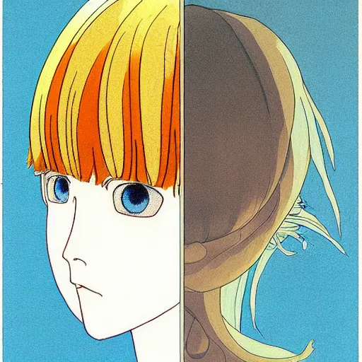 Image similar to prompt: Fragile looking flat colors portrait face drawn by Katsuhiro Otomo and Suehiro Maruo, inspired by Paprika anime, animation clean film, magical and alchemical objects on the side, soft light, white background, intricate detail, intricate ink painting detail, sharp high detail, manga and anime 2000