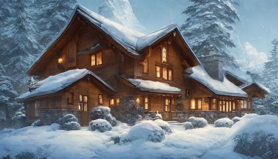 Image similar to A highly detailed matte painting of Modern chalet built in the snowy mountains, by Studio Ghibli, Makoto Shinkai, by Artgerm, by WLOP, by Greg Rutkowski, volumetric lighting, octane render, 4K resolution, trending on artstation, masterpiece