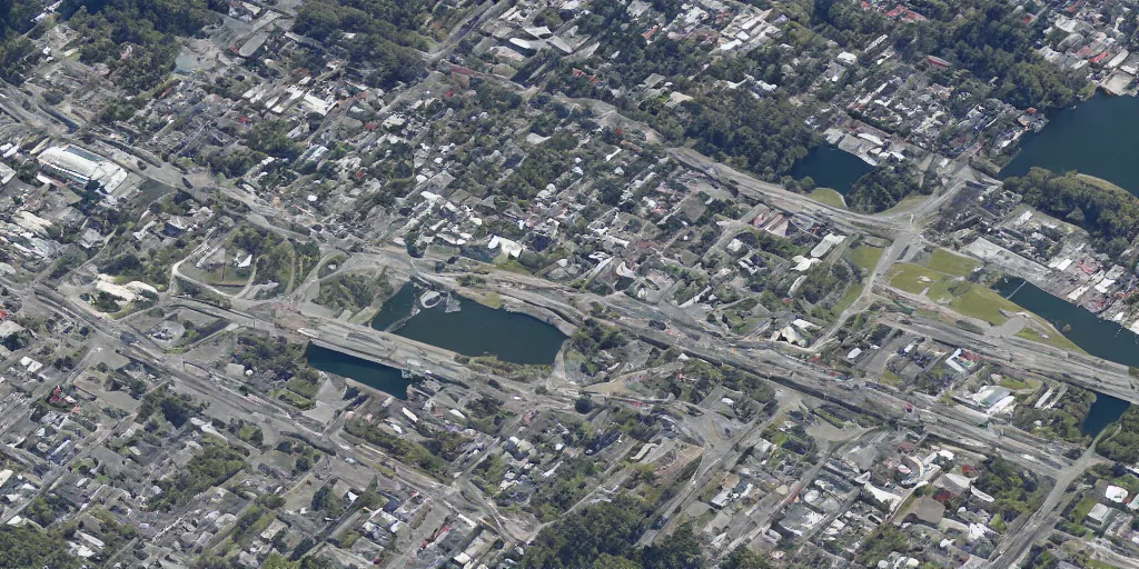 Image similar to satellite imagery of a low - rise city, with small woods and hills in the north with trailer park. in the south are buildings, a highway, shipping dock area, and monorail station.