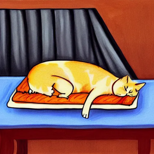 Image similar to fat orange cat on a table with lasagna new yorker illustration