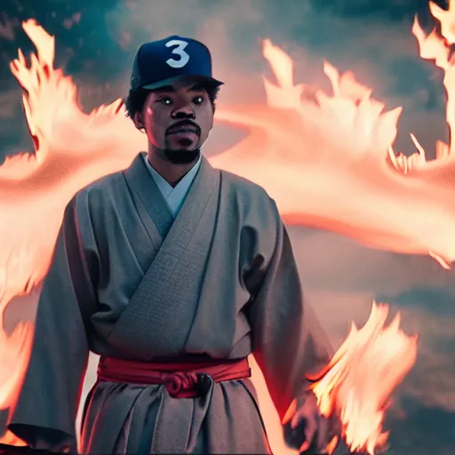 Image similar to cinematic film still of Chance The Rapper starring as a Samurai holding fire, Japanese CGI, VFX, 2022, 40mm lens, shallow depth of field, film photography