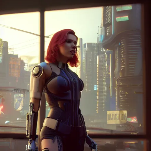 Image similar to angry cybernetic scarlett johansson after a bad mission in Cyberpunk 2077. CP2077. 3840 x 2160