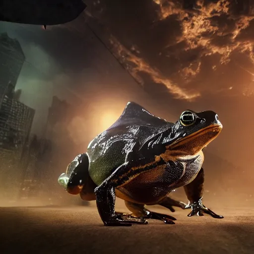 Prompt: photograph of batman cane toad, wearing smooth froggy batsuit, alluring hero pose, its just a frog wearing a batman costume, painterly, breathtaking stande, triumphant, ornate, intricate, hyper detailed, accent lighting, dramatic light, 4 k octane render